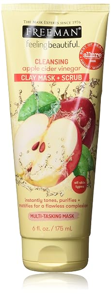 Freeman Cleansing Apple Cider Vinegar Clay Mask & Facial Scrub, Face Mask Tones, Purifies, Flawless Complexion, Clay and Pumice Exfoliate Pores, All Skin Types, 6 fl.oz./175 mL Tube