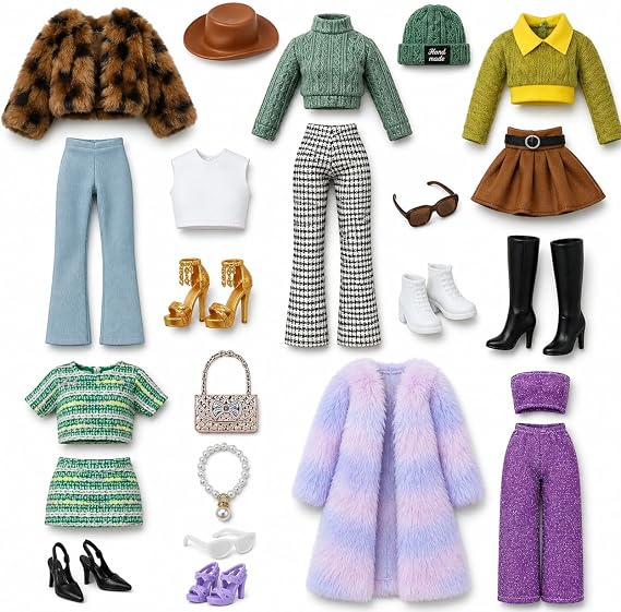 WanderGo 23 Pcs Doll Clothes And Accessories, Include 5 Doll Fashion Sets Outerwear, Sweaters, Trousers, Pencil Skirts, Hats, Sunglasses, Shoes, Necklaces, Bags, For 11.5 Inch Girl Dolls (No Doll)