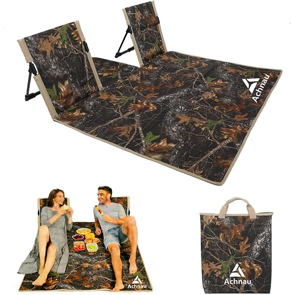 Beach Mat Lounge Chair 2-Person Foldable, Lightweight Lounge Mat with Back Support,600D Oxford 49"x49" Widen Beach Seat Storage Bag for Holidays Garden Camping Swimmingpool (Tree Camouflage)
