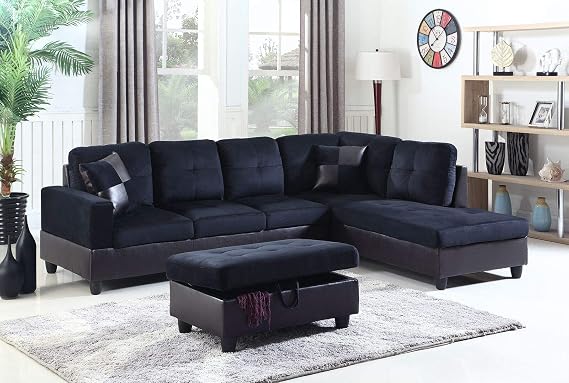 Life Style Contemporary Living Room Sectional Sofa Left or Right Orientation with Ottoman (Midnight Blue, Micro-Fiber Right-Hand Facing)