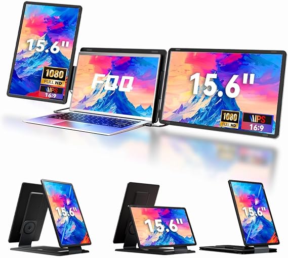 Laptop Screen Extender 15.6" Detachable Portable Monitor for Windows | Triple Screen Laptop Monitor Extender for 13-17.3" MacBook (excl. M1 M2 M3) FHD IPS Plug&Play for Travel Business Watch Party