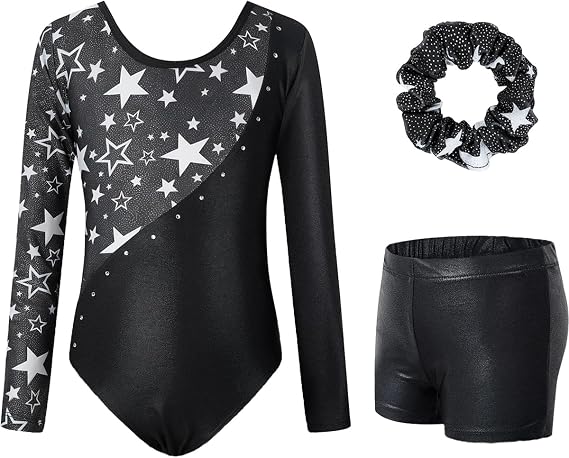 JiAmy Girls Gymnastics Leotards 3 Pcs Long Sleeve Sparkly Dance Biketards