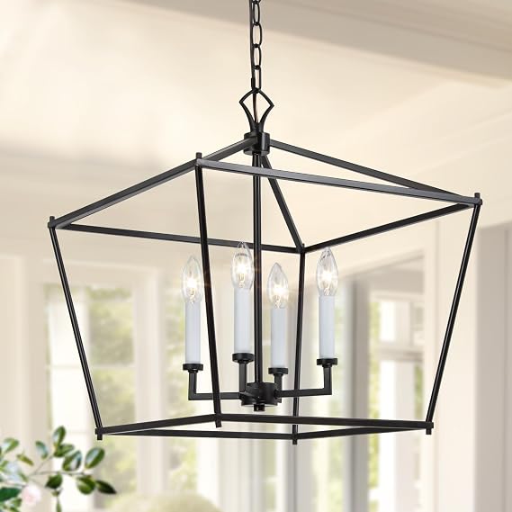 KSANA Black Chandelier, 4-Light Modern Linear Chandeliers, Pendant Cage Lantern Hanging Light Fixtures for Dining Rooms, Foyer, Living Room, Bedroom and Kitchen Island