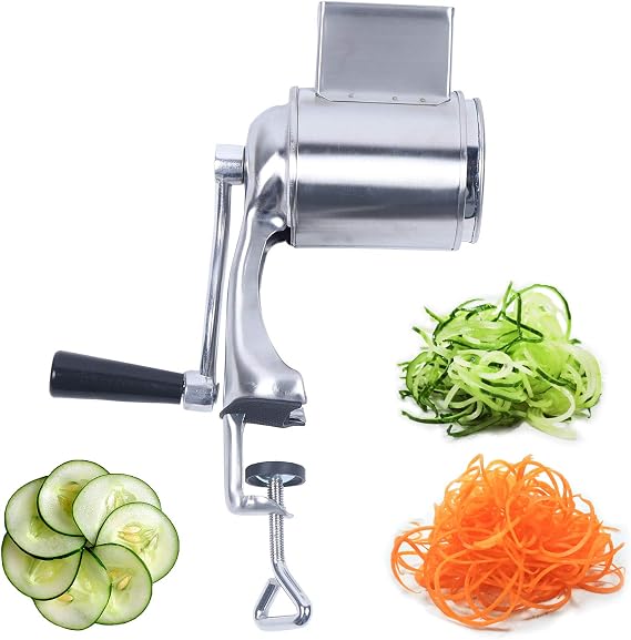 Rotary Cheese Grater Shredder with 5 Drum Blade Grinding Tool Set, Manual Speed Round Food Slicer Nut Grinder Vegetable Slicer Nuts Grinder Cheese Shredder (with Table Clamp)
