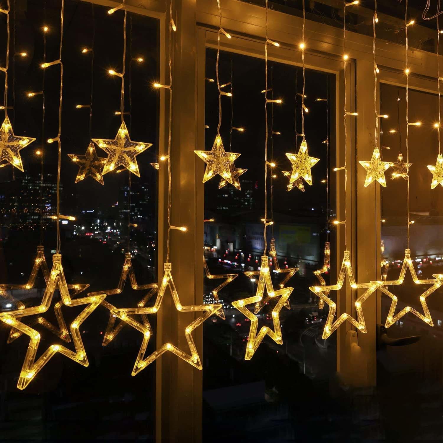 Sunshine smile 138 LED 12 yıldızlı ışık zinciri, yıldız perdesi, Noel penceresi, yıldız ışık perdesi, LED ışık zinciri, yıldız perde, Noel, düğün, balkon, parti, dekorasyon