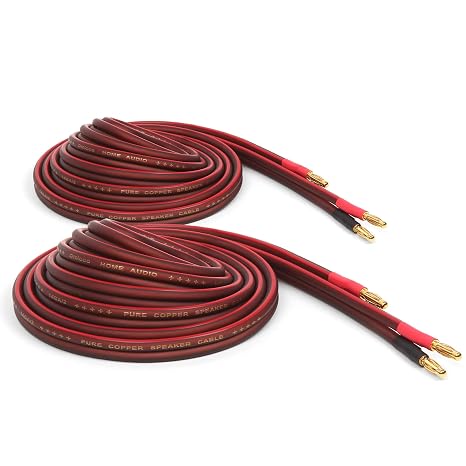 Micca 14 Gauge Pure Copper Speaker Cables, 6.6 Feet Each (2 Meters), 2 Pack Pair, Gold Plated Banana Plugs Connectors, Soldered Construction, Slim Design, 245 Strands, for Stereo or Home Theater