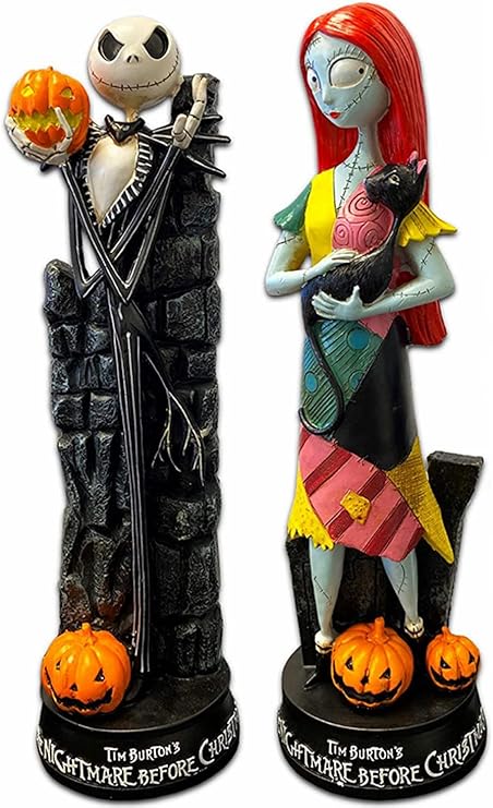 A Nightmare Before Christmas Figurines Set ~ 2 Pack Jack Skellington and Sally with Pumpkin Halloween Statue Sculpture Home Decoration Collection Gifts
