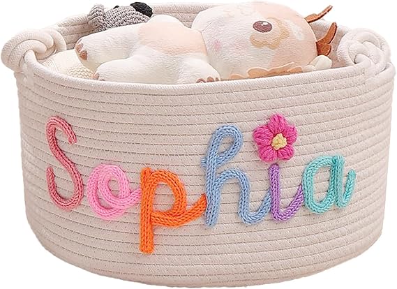 Personalized Baby Basket with Name, Custom Cotton Rope Storage Bin, Newborn Baby Gift Baskets, Baby Shower Gifts, Diaper Caddy Organizer, Nursery Storage (S1-Large)