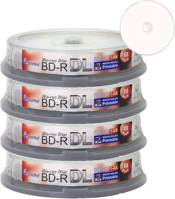 Smartbuy 40-disc 50gb 6X Bd-r Dl White Inkjet Hub Printable Blank Disc | Large Capacity, Dual Layer Double Layer for HD video recording, Full White Surface for Inkjet Printer, Cakebox Spindle Holder