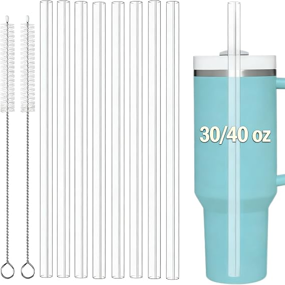 Replacement Straws for Stanley Cup Quencher 40oz Tumbler 8 Pcs BPA-Free Reusable Plastic Clear Tumbler Straws with 2 Straw Cleaners Eco-Friendly Drinking Accessories for Stanley Travel Mugs&Tumblers