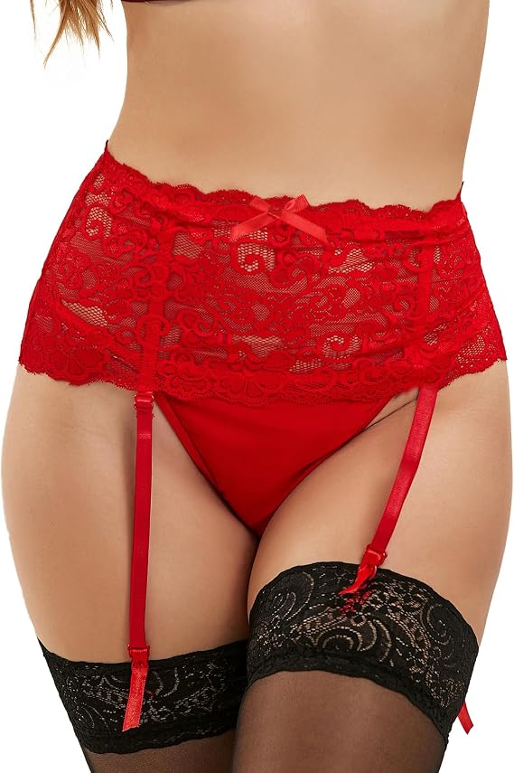 ohmydear Womens Lace Garter Belt Plus Size Suspender Belts Sexy Lingerie Panties Sets with 4 Clips for Thigh High Stockings