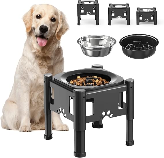 Lewondr Elevated Slow Feeder Dog Bowls with 3 Heights Adjustable Stand