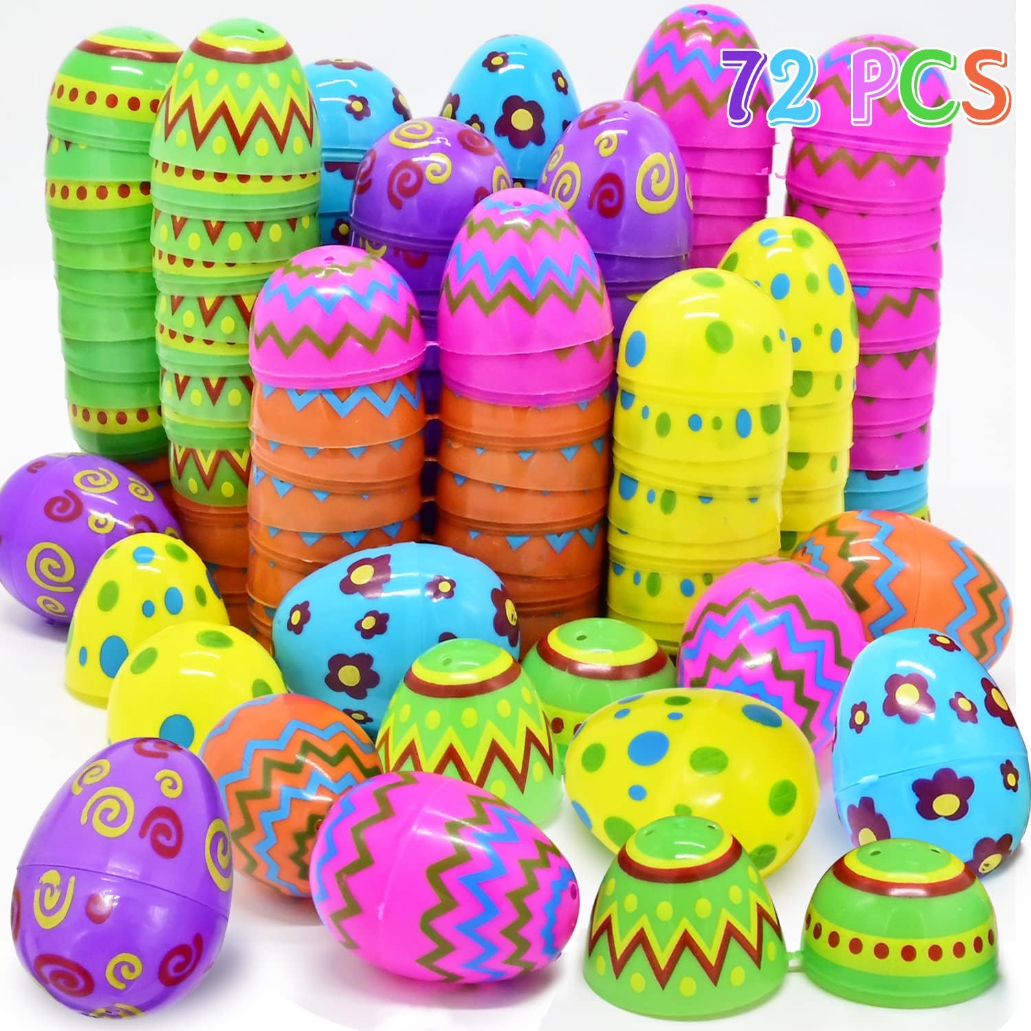 72Pcs Plastic Printed Bright Easter Eggs, 2.4 Assorted Colors Fillable Eggs Bulk for Kids Easter HuntEvent, Easter Gifts Party Favor, Basket Stuffers Fillers, Empty Easter Eggs Filling Treats