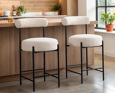 CIMOTA Cream Counter Height Bar Stools Set of 2, 26 Inch Modern Bar Chairs with Open Backs Kitchen Island Barstools with Black Metal Legs, 26 InchLinen Beige