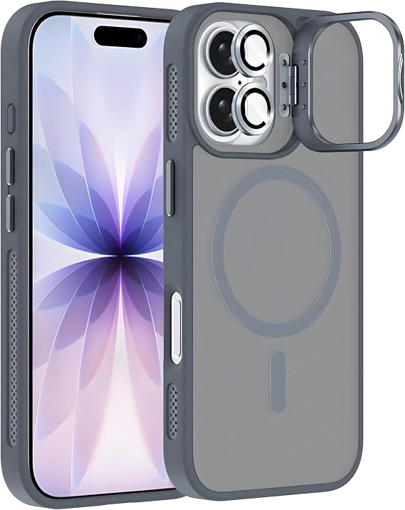Ehr. iPhone 17 ile Uyumlu Magsafe Wireless Şarj Özellikli Kamera Standlı Lüks Mat Silikon Kılıf [Lens Koruyucu Hediyeli] (Gri, iPhone 17)