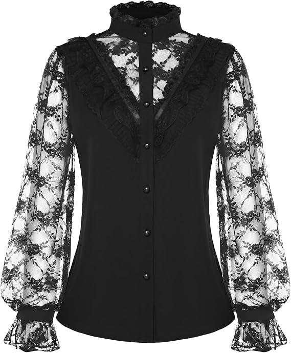 Scarlet Darkness Long Sleeve Lace Tops for Women 2025 Dressy Casual Button Down Shirts Black S