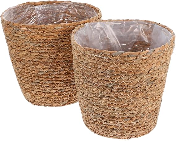 SUPVOX 2pcs Woven Plant Basket with Plastic Liner, Rattan Flower Pot Cover for Indoor Plants - Boho Farmhouse Home Decor