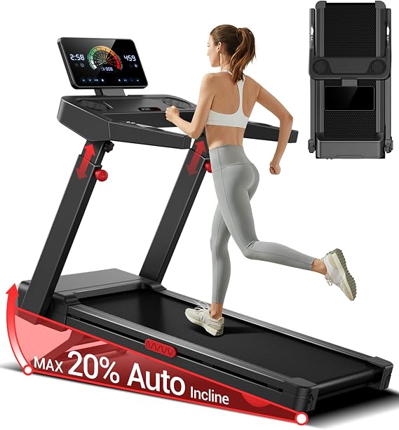 Foldable Treadmills for Home with 20% Auto Incline, 14KM/H Treadmill with Handles, Running Machine for Heavy People, 180KG Weight Capacity, Large Running Belt and Intelligent LED Touch Screen