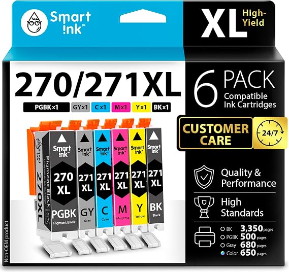 Smart Ink Compatible Ink Cartridges Replacement for Canon Pixma PGI-270XL PGI 270 XL CLI-271XL CLI 271 6 Pack Combo for Canon TS9020 TS8020 MG7720 (1 PGBK & 1 Black/Gray/Cyan/Magenta/Yellow)