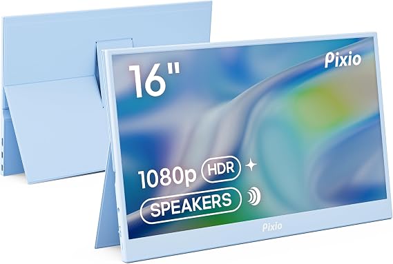 Pixio PX160 Wave Blue Portable Monitor 15.6 inch 60Hz FHD 1080p IPS Panel HDR Screen Cover Stand USB-C HDMI Laptop Screen Extender Portable Monitor for Laptop, PC, Console, Phone