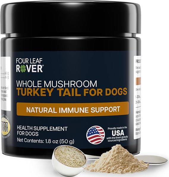 Four Leaf Rover Turkey Tail Mushroom for Dogs - Organic Mushroom Extract with Over 50% Beta-Glucans - Third Party Tested - Made in USA