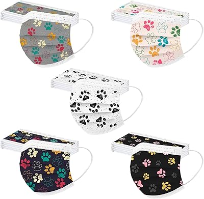 50PCS Paw Print Disposable Face Mask, 3 Ply Cute Pattern Face Masks for Adults Women Full Face Protection