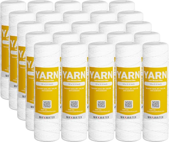 Max Water 5 Micron 10 x 2.5 String Wound Sediment Water Filter Cartridge Replacement for Whole House water filter system and RO System, Compatible with Well Water Filter WFPFC4002, WHKF-WHSW (25 Pack)