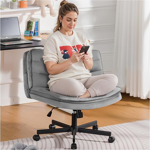 COMHOMA Criss Cross Office Chair Armless Vanity Chair with Comfy Seat | Soft Velvet Fabric, Cross-Legged, Comfortable Wide Seat, 3-zone Mid-back Support, Height Adjustable, Bedroom Student Adults