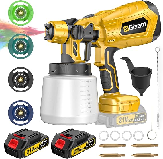 Electric Paint Sprayer Cordless with Brushless Motor - 4 Brass Nozzles, 2x2000mAh Batteries, 3 Spray Patterns HVLP Paint Sprayers Gun for House/Furniture/Fence DIY Projects