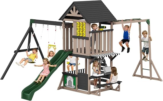 Albott Wooden Swing Set for Kids, Outdoor Playset with Playhouse