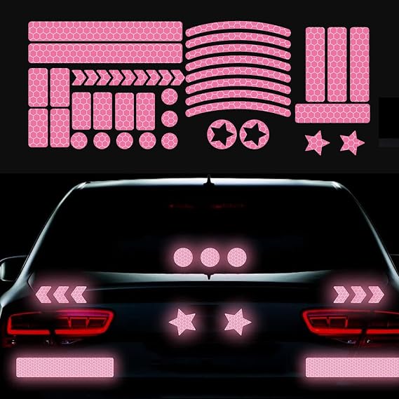 42 Pcs Night Safety Reflective Rim Tape, Waterproof Self Adhesive Pink Vinyl Warning Decal for Car Motorcycle Bike Skateboard Wheels