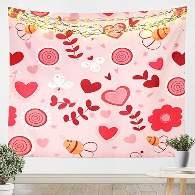 Bee Butterfly Tapestry,Cute Cartoon Animals for Kids Boys Wall Hanging Art Room Decor,Love Heart Daisy Flower Botanical Leaves Wall Blanket,Fantasy Sweety Boho Style Porch Hangings,51.2x59.1