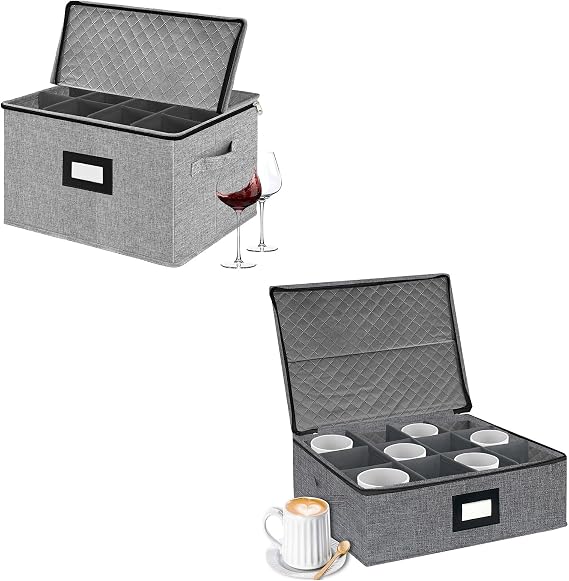 homyfort China Storage Containers - Stemware Storage Box,Cups, Tea Mugs Sets Storage Box with Lid and Handles Hard Shell and StackableGrey
