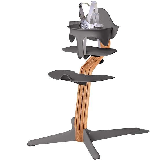 Stokke Nomi High Chair, Grey/Oak - Inspires Active Sitting - Tool-Free, Seamless Adjustability - Includes Baby Set with Removable Harness for Children 6-24 Months