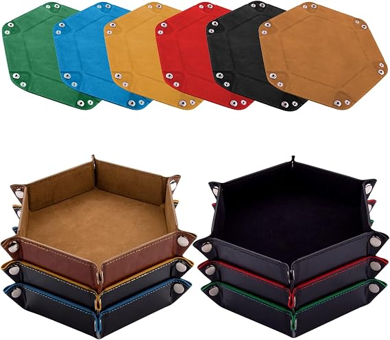 SIQUK 6 Pieces Dice Tray Hexagon Dice Rolling Holder Folding PU Leather Dice Trays for Dice Games Like RPG, DND and Other Table Games(Camel, Black, Red, Yellow, Blue, Green)