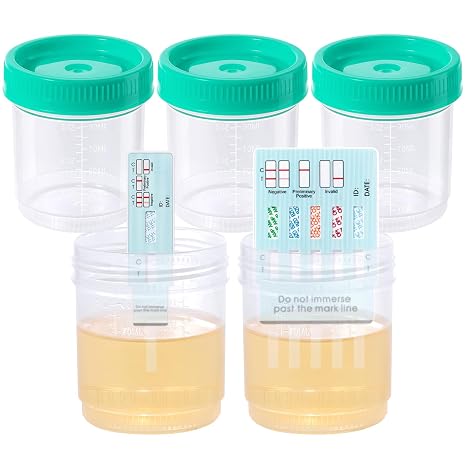 Easy@Home Specimen Test Cups with Screw-on Lids, Leak-proof Urine Collection Containers, for Test Strips and Kits, 3OZ Large Volume, 5 Pack