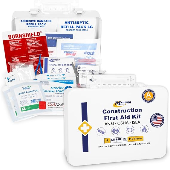 MFASCO Construction First Aid Kit OSHA Class A Metal Box 25 Person | Construction Safety Kit With Essential First Aid Supplies | Metal Storage Box | Designed For Job Sites | Assembled in USA