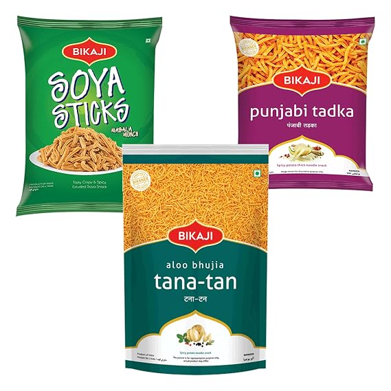 BIKAJI Aloo Bhujia 1kg, Soya Sticks & Punjabi Tadka Indian Snack Pack