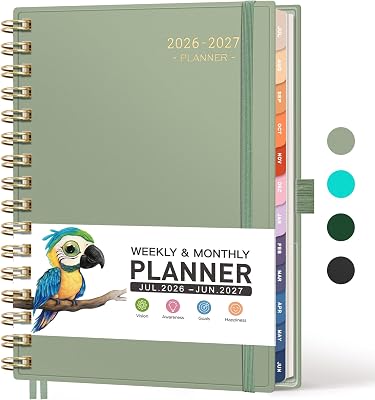 RETTACY Academic Planner 2026-2027, Weekly and Monthly, Medium Size 5.7 x 8.3, July 2026 - June 2027, for Women, Teacher, Student, School, 12-Month Tabs, Flexible Plastic Cover Light Green