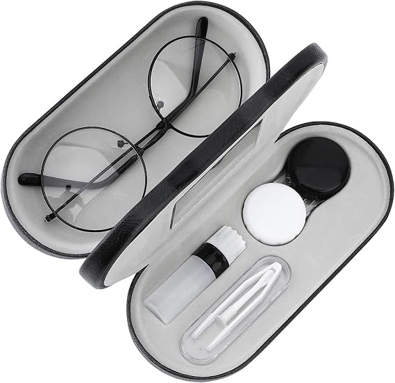 MoKo Double Eyeglass Case,Glasses and contact case 2 in 1 with Mirror | Double Sided Portable Contact Case and Mirror Tweezers Remover,Sunglasses case Container Soak Storage Kit for Women, Black