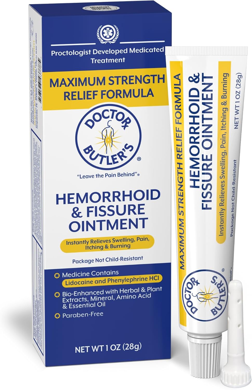 Doctor Butler’s Hemorrhoid & Fissure Ointment Cream with Lidocaine and Phenylephrine HCI for Fast Acting Relief of Pain, Swelling, Discomfort, and Itching 1 oz.