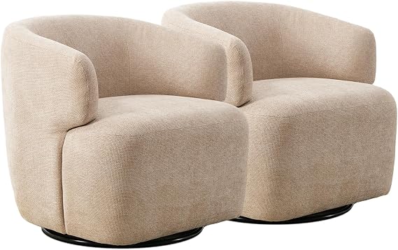 SOFTHION Swivel Accent Chair Set of 2, Chenille Barrel Chair for Living Room, Cozy Round Boucle Arm Chair, Metal Base for Club Nursery Bedroom, Beige