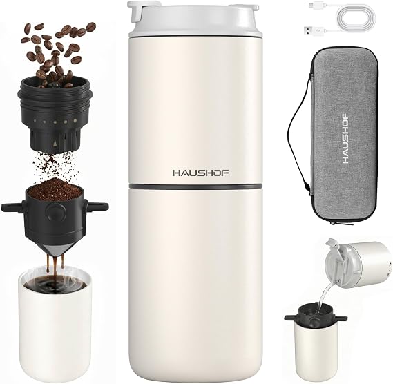 HAUSHOF Camping Coffee Maker, Coffee Grinder for Travel