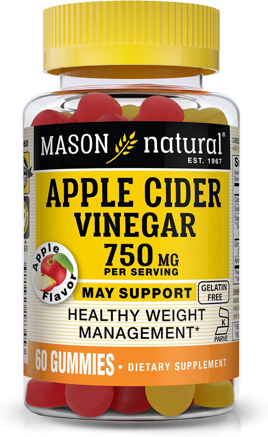 Mason Natural Apple Cider Vinegar 750 mg - Healthy Weight Management, All Natural Detoxification, Gelatin Free, Kosher, Apple Flavor, 60 Gummies