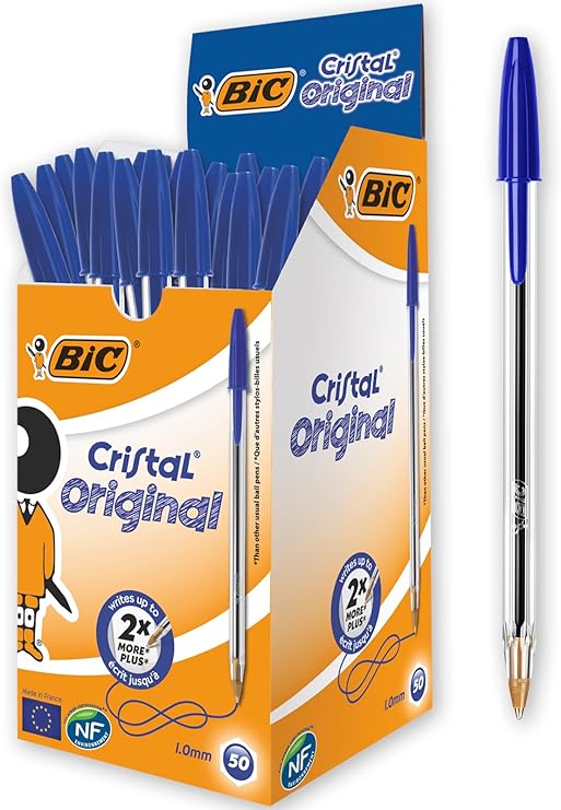 BIC Cristal Original Smudge Free Ballpoint Pens, Ideal for School, Blue Ink, Medium Point (1.0mm), Pack of 50