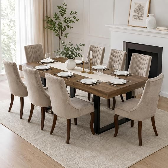 Extendable Dining Table Set for 8, 63"-79" Large Rustic Kitchen Table Set