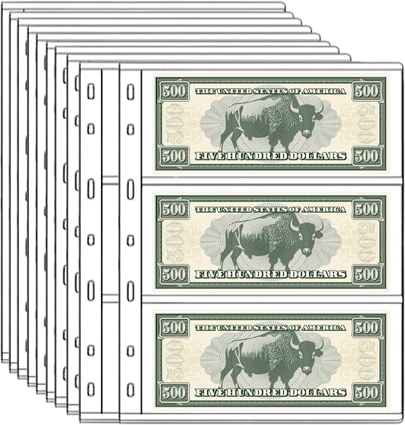 3 Pockets Paper Money Collection Supplies Pages | 10 Sheets Currency Collecting Book Album Sleeves with Standard 9-Hole for Coin Collector Binder