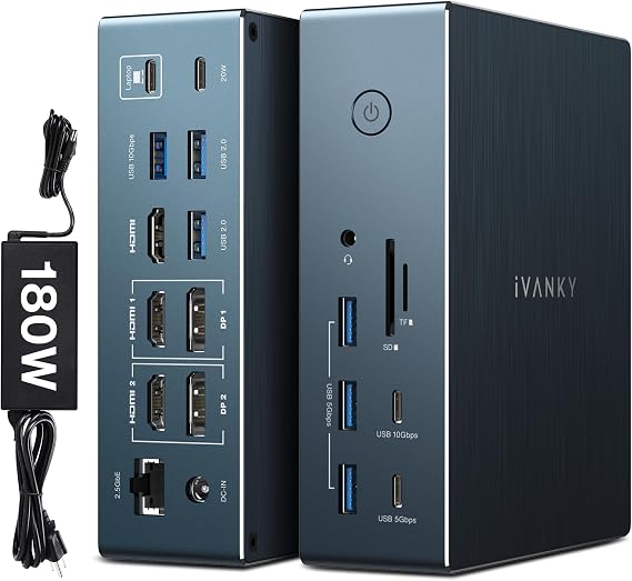 iVANKY Triple Display DisplayLink Dock for Window/MacBook Pro, 180W Adapter | 20-in-1 Triple 4K@60Hz Display Docking Station (Driver Needed) for M5/M4/M3/M2/M1/Windows, USB, 2.5GbE, HDMI, DP, 10Gbps