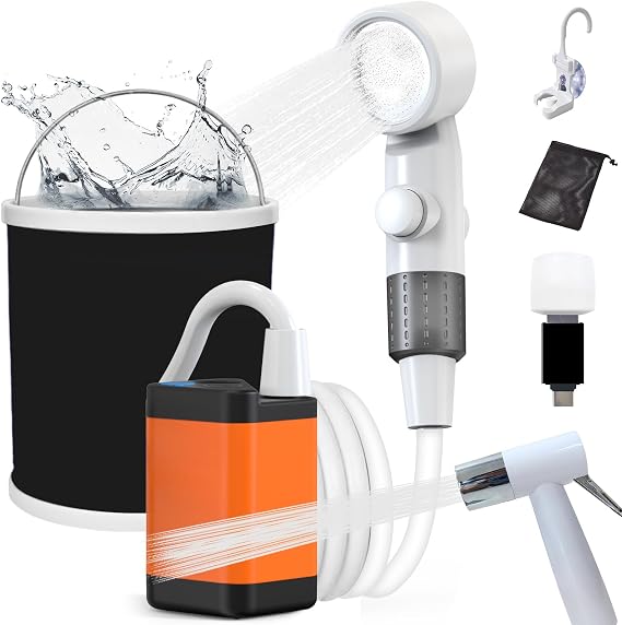 Portable Camping Shower, Upgraded Rechargeable Outdoor Shower Pump with Adjustable Water Flow, Portable Shower for Camping, Hiking, Travel, Beach, RV and Pet Washing