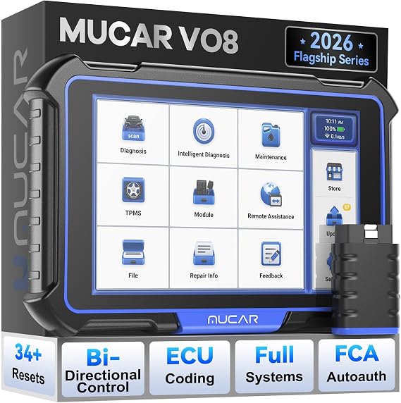 MUCAR VO8 OBD2 Scanner Diagnostic Tool with Lifetime Free Update, Full System Bidirectional Scan Tool with 34+ Reset Service, ECU Coding, 3000+ Active Test, Power Balance, Crankshaft Relearn, FCA SGW